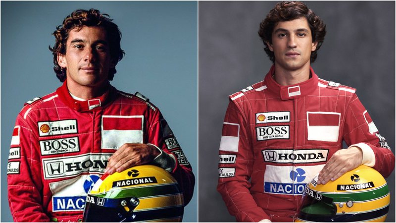 Gabriel Leone caracterizado como Ayrton Senna na série biográfica da Netflix, que estreia em 29 de novembro. - Fotos: Reprodução/Instituto Ayrton Senna e Divulgação/Netflix