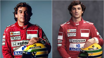 Gabriel Leone caracterizado como Ayrton Senna na série biográfica da Netflix, que estreia em 29 de novembro. - Fotos: Reprodução/Instituto Ayrton Senna e Divulgação/Netflix