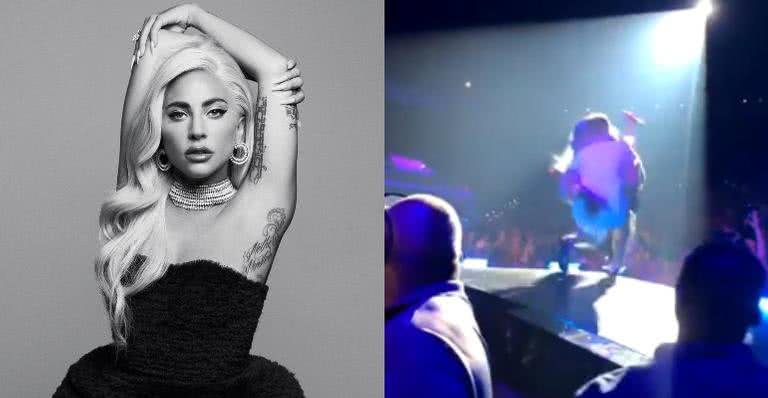 Lady Gaga cai de palco após subir no colo de fã - Twitter: @laur_calderone