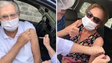 Tarcísio Meira publicou uma montagem dele e da esposa, Glória Menezes, recebendo a segunda dose do imunizante contra o novo coronavírus - Instagram/@_tarcisiomeira