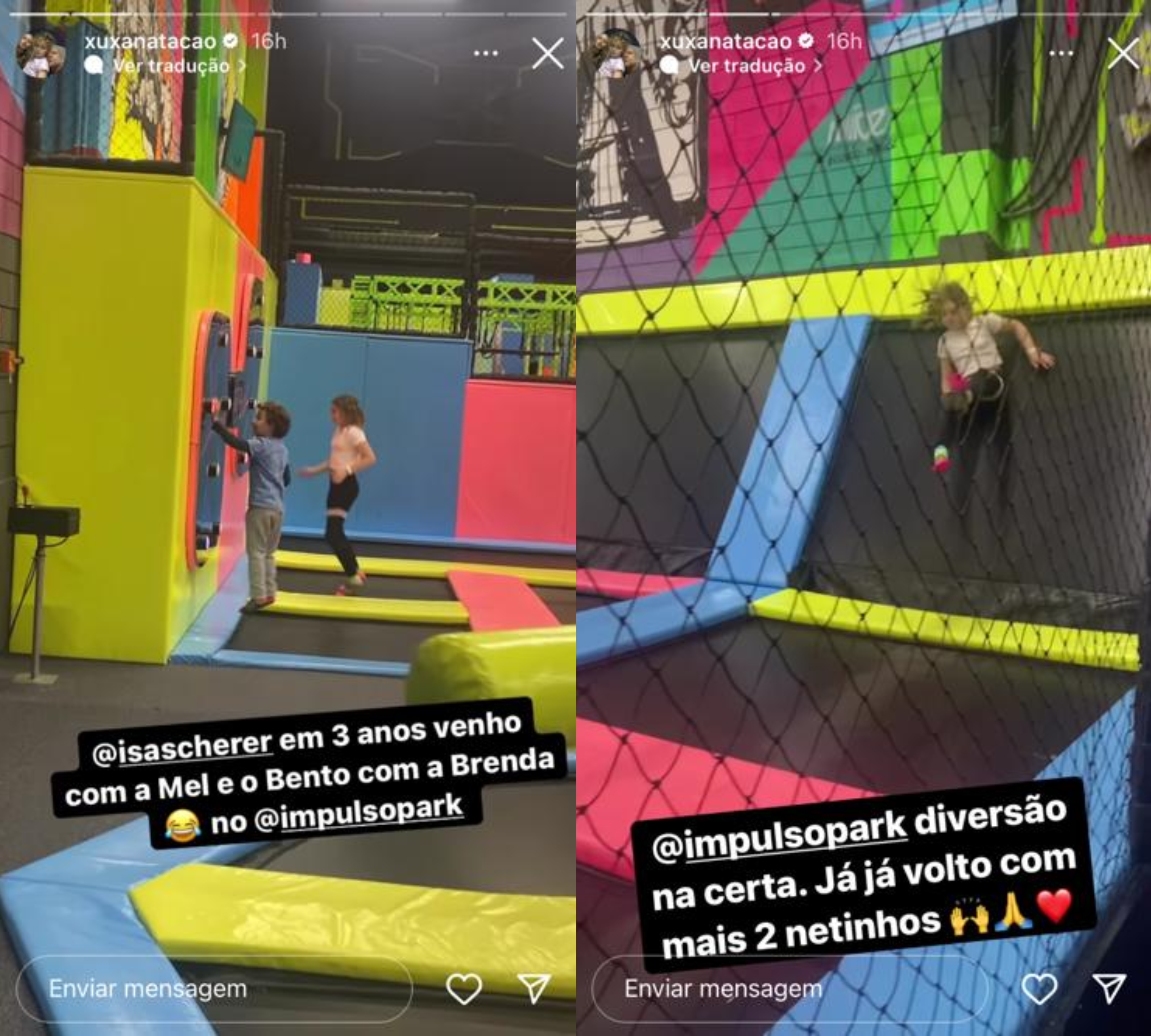 Duas imagens de Stories do Instagram com crianças brincando em um parque de trampolins colorido