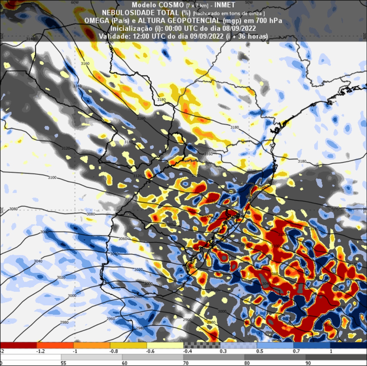 Massas de ar quente e frio se chocam entre as regiões Sul e Sudeste do Brasil, informa sistema do Inmet. - Inmet/divulgação