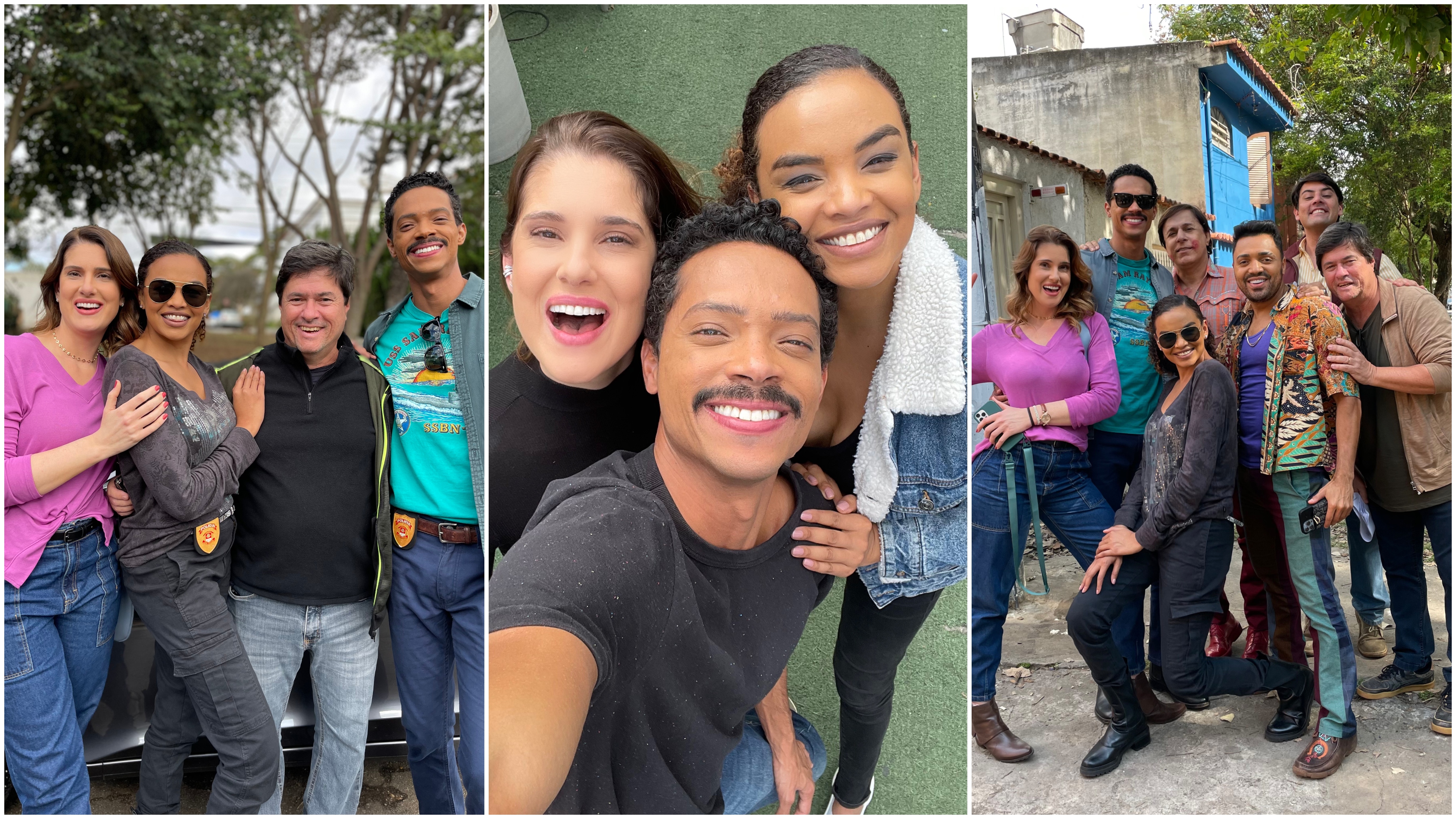 Três fotos de Karina Dhome ao lado do elenco da série 'Os Parças'