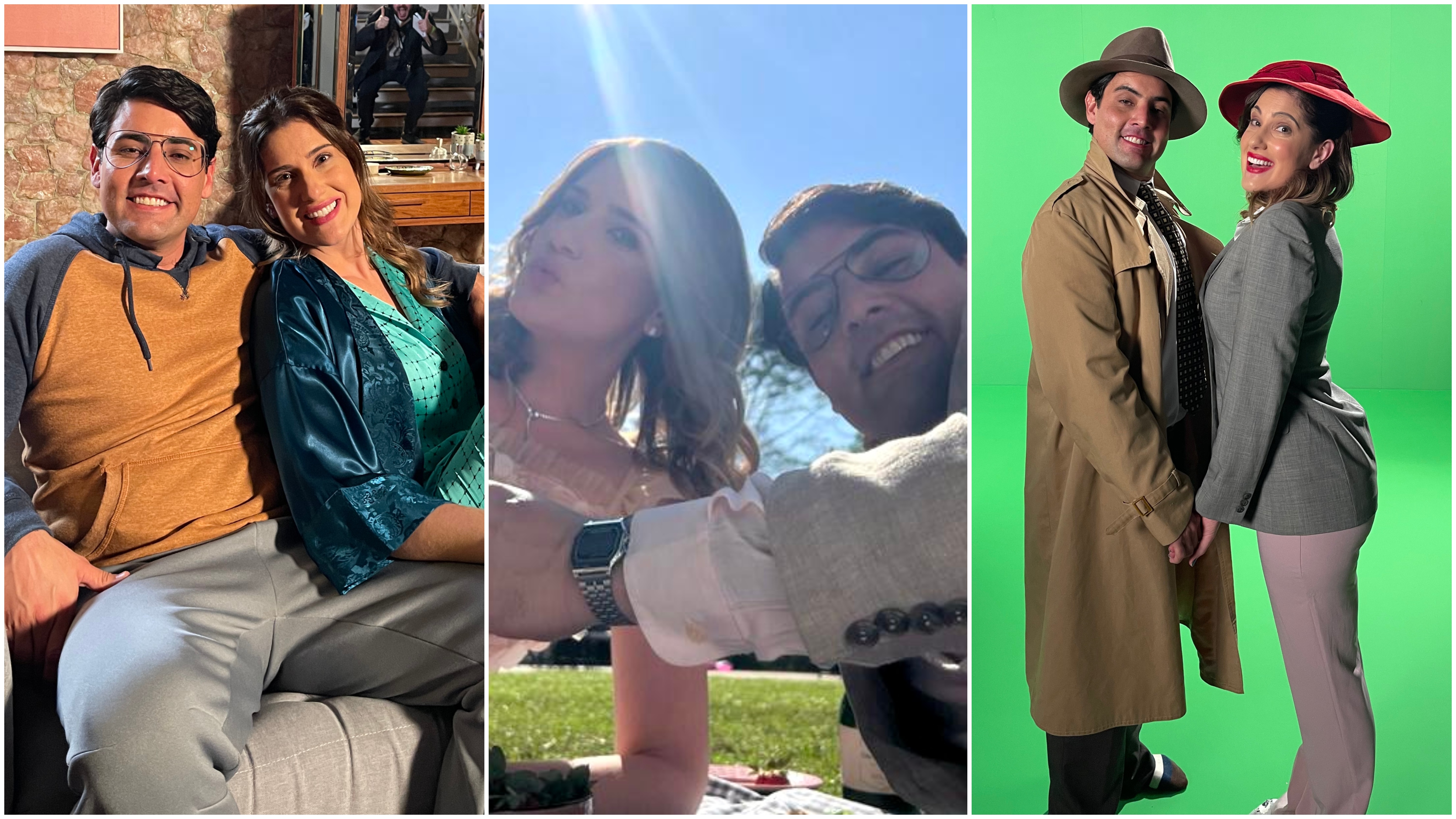 Três fotos dos atores Karina Dohme e Bruno de Luca nos bastidores de 'Os Parças'