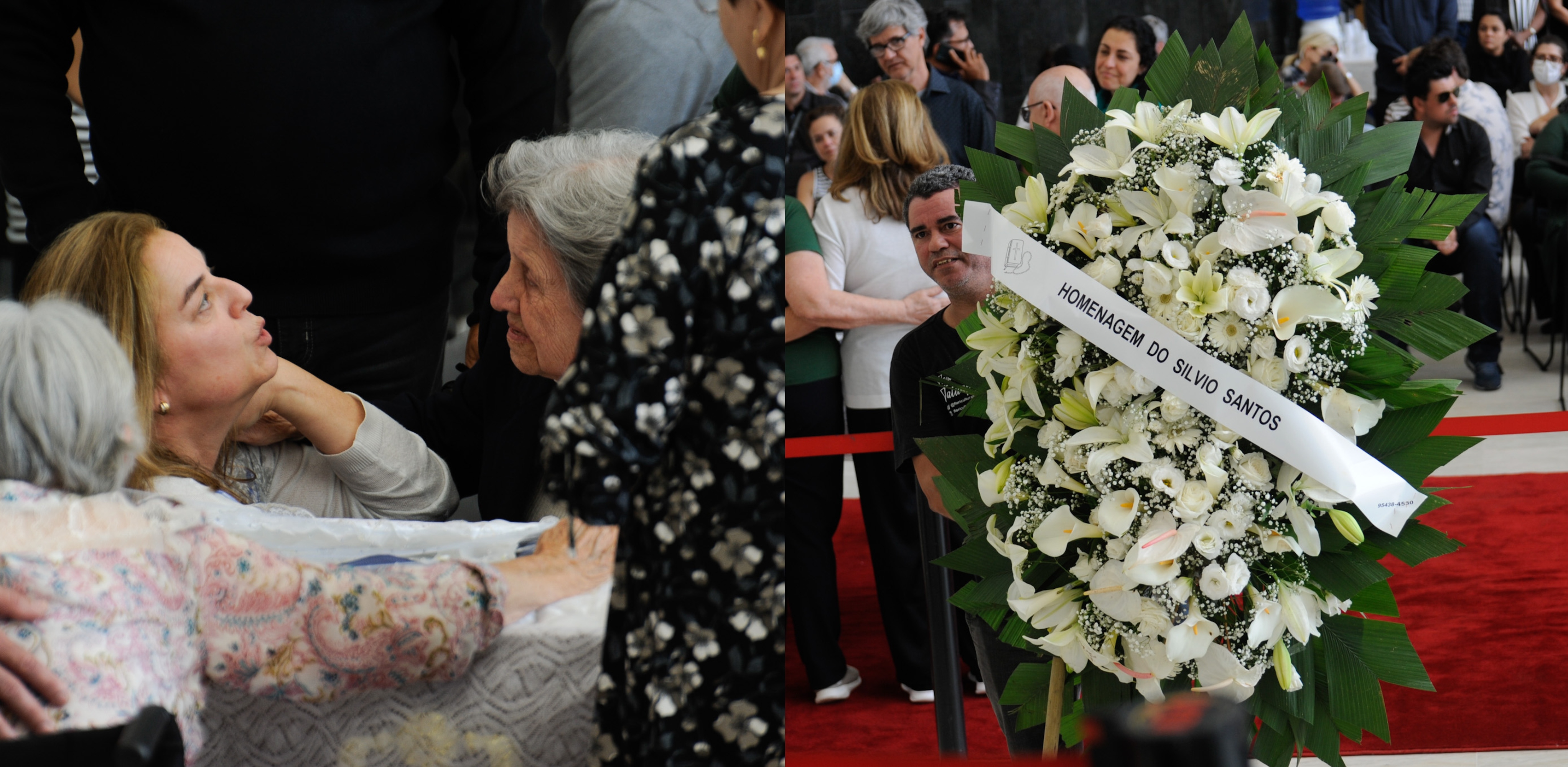 Duas imagens do funeral de Rolando Boldrin; na primeira, da família do apresentador; na segunda, de uma coroa de flores enviada por Silvio Santos