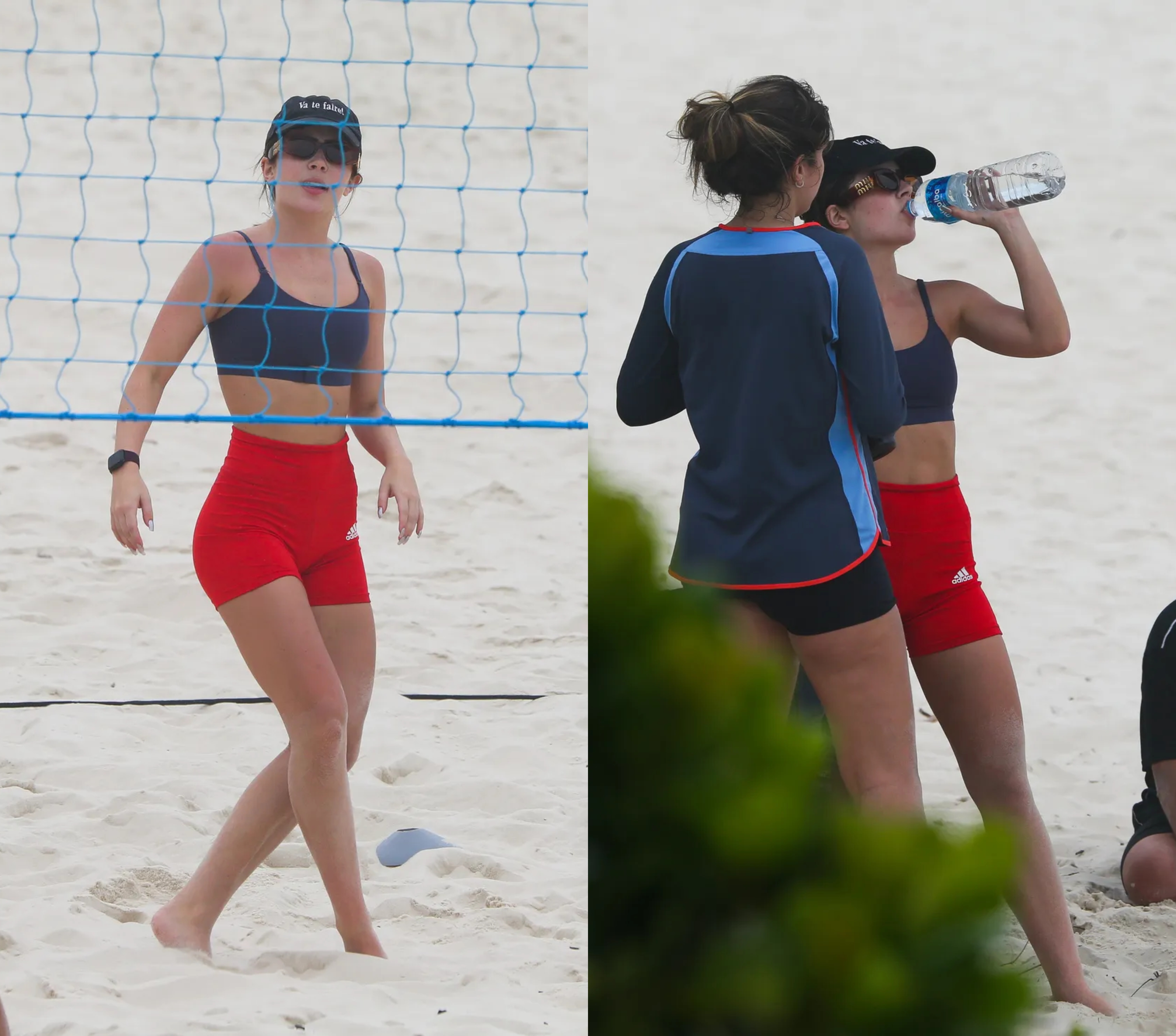 Duas imagens de Jade Picon na praia; na primeira, ela aparece olhando para a câmera; na segunda, aparece bebendo água, com outra mulher falando com ela
