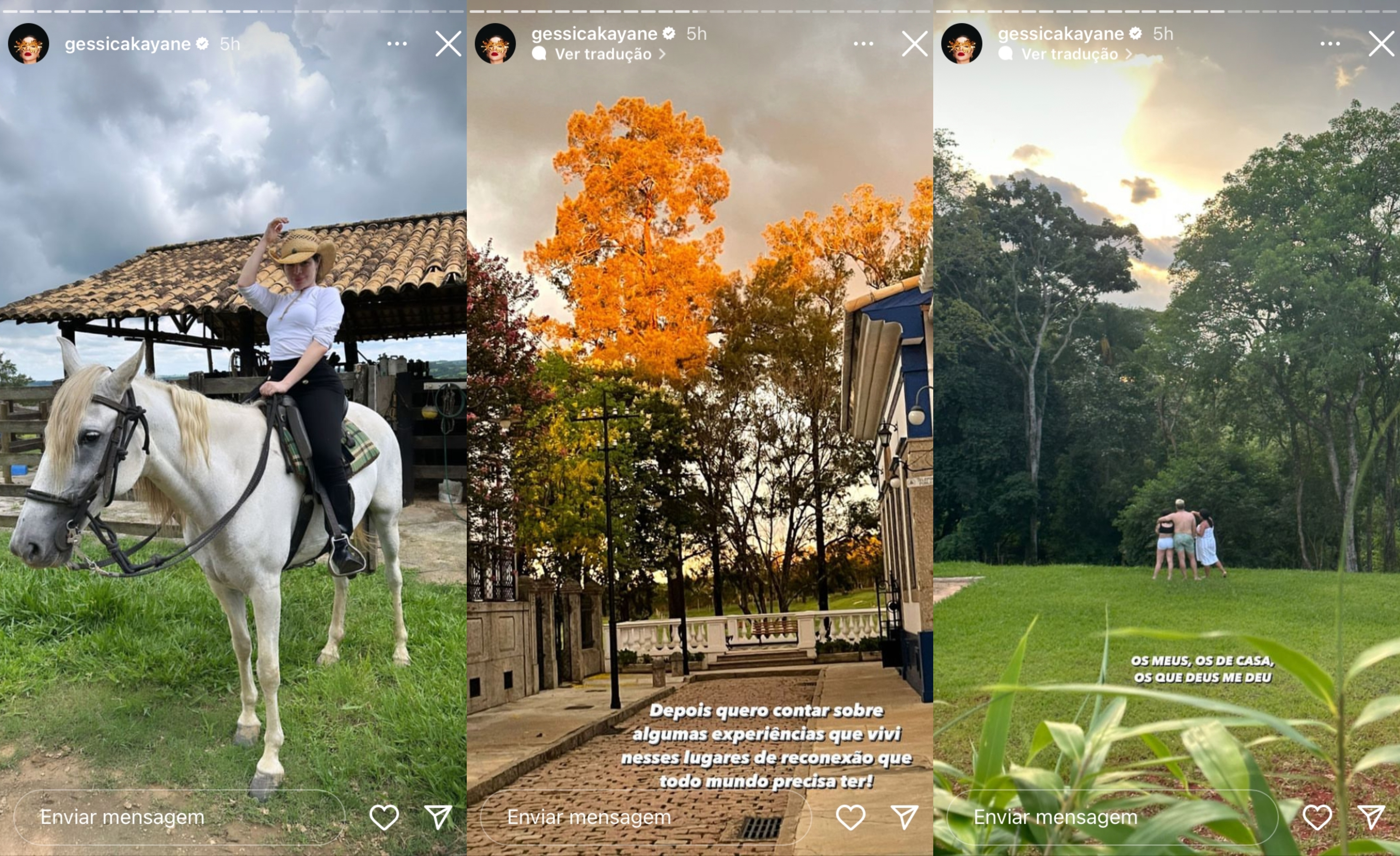 Três Stories do Instagram mostrando Gkay em um cavalo, abraçada com a família e outra de uma árvore alaranjada