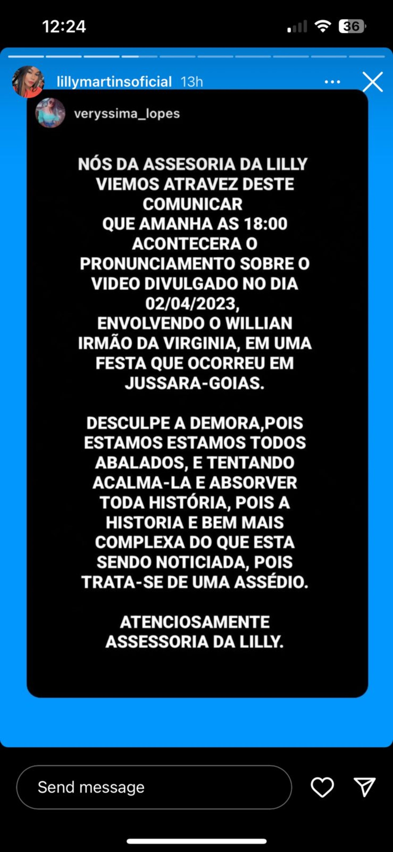 Story de Lilly Martins sobre o acontecido