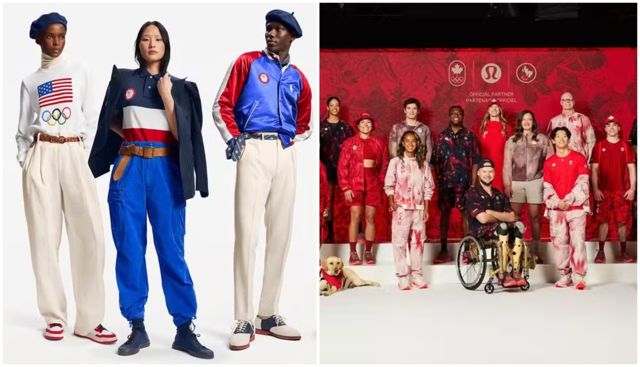Uniformes das Olimpíadas: time dos Estados Unidos à esquerda e time do Canadá à direita