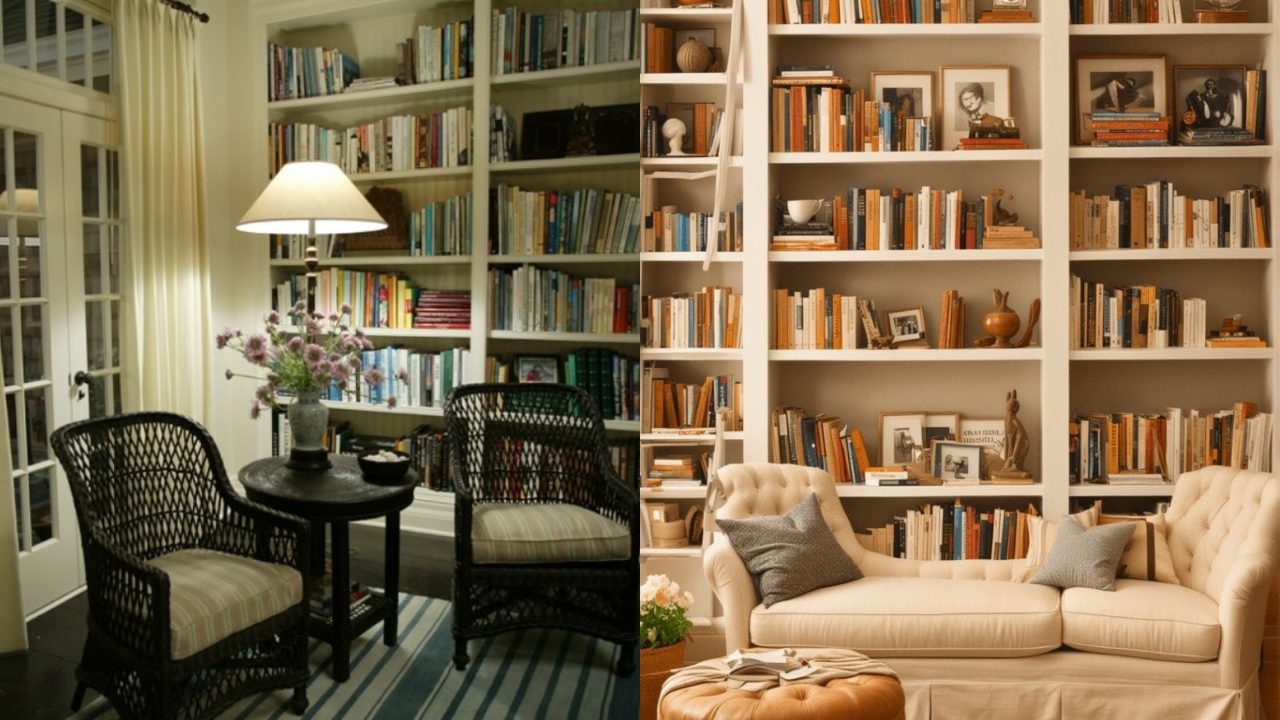 Estantes de livros são formas de decoração clássicas do estilo Nancy Meyers