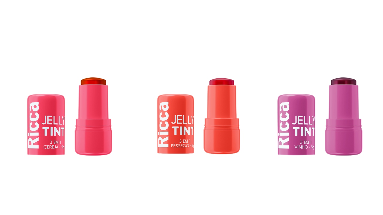 Jelly Tint Ricca está disponível em três cores: Cereja, Pêssego e Vinho