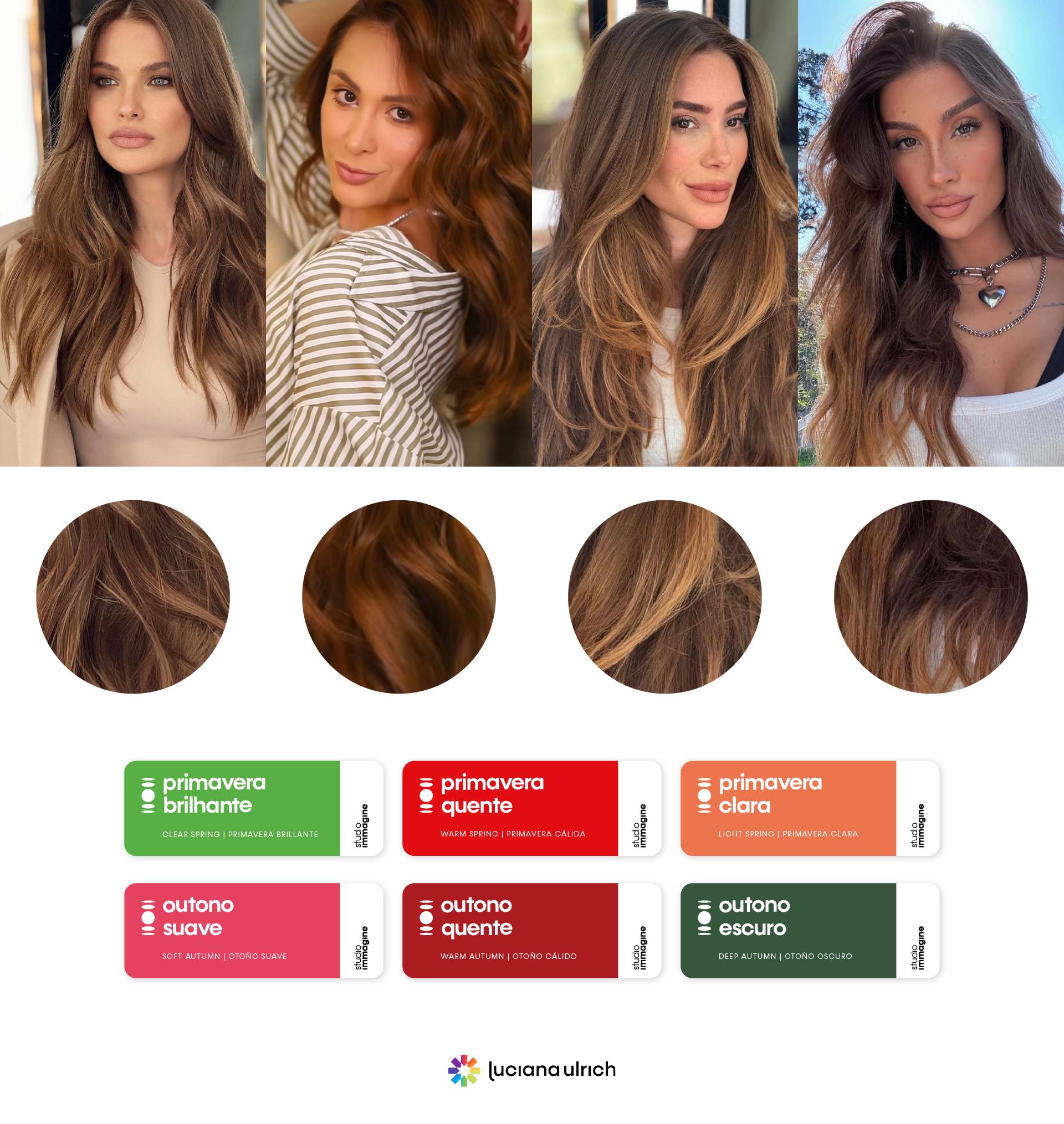 Da esquerda para a direita: Andressa Suita, Yasmin Castilho, Romana Novais e Bianca Andrade, com o tom de cabelo Easy Chic, que é perfeito para as cartelas de Primavera e Outono de Coloração Pessoal. Imagens dos perfis das famosas no Instagram. 