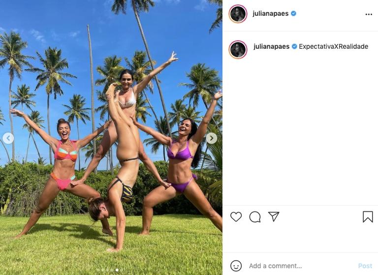 Juliana Paes surpreende ao posar fazenedo acrobacias de biquíni
