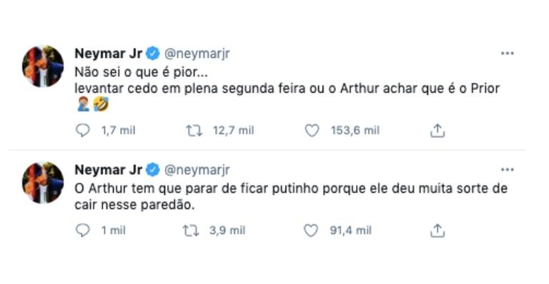 Neymar comemora elenco do novo paredão e critica comportamento de Arthur