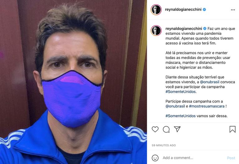 Reynaldo Gianecchini se pronuncia nas redes sociais sobre uso obrigatório de máscara contra a Covid-19