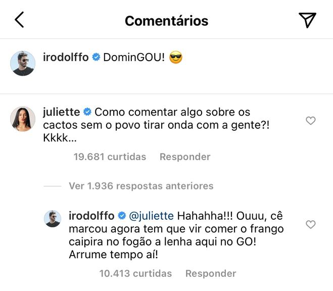 Juliette deixa comentário em foto de Rodolffo sem camisa