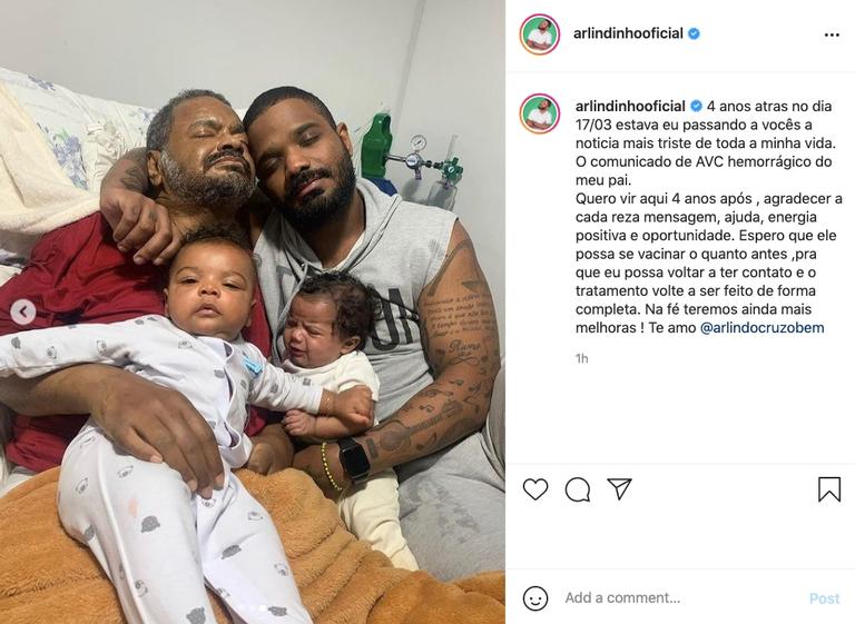 Arlindinho agradece orações de fãs para o pai, Arlindo Cruz, após quatro anos de AVC