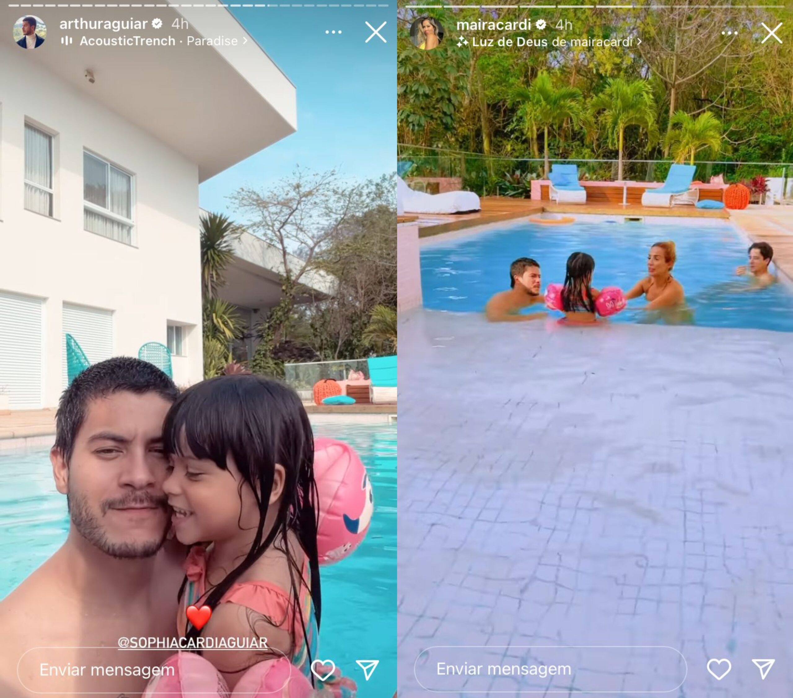 Dois Stories do Instagram: no primeiro, Arthur Agiar segurando a filha no colo dentro de uma piscina; ela veste um biquíni e boias de braço cor-de-rosa. Na segunda, uma foto da criança sentada na parte rasa da piscina, com três adultos à sua frente: seu pai, uma mulher branca e ruiva e um homem caucasiano