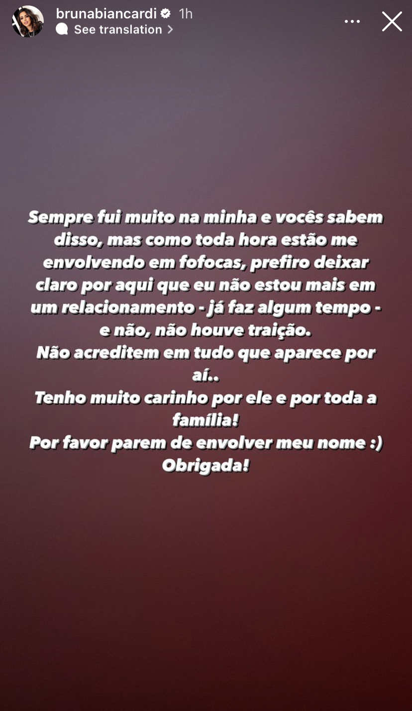 Texto publicado por Bruna Biancardi anunciando o término com Neymar Jr.