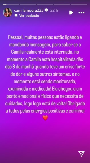 Estado de saúde Camila Moura, ex de Lucas Henrique do BBB 24