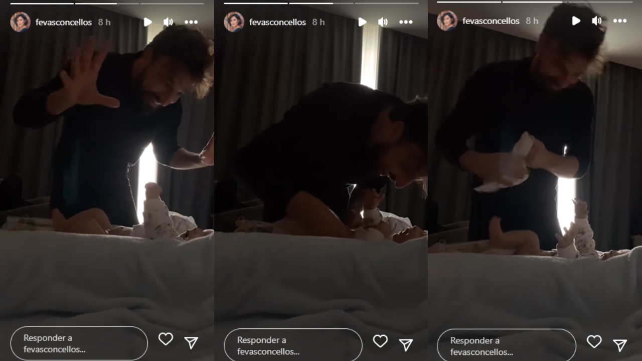 Stories de Fernanda Vasconcellos, com Cássio Reis e o filho, Romeu