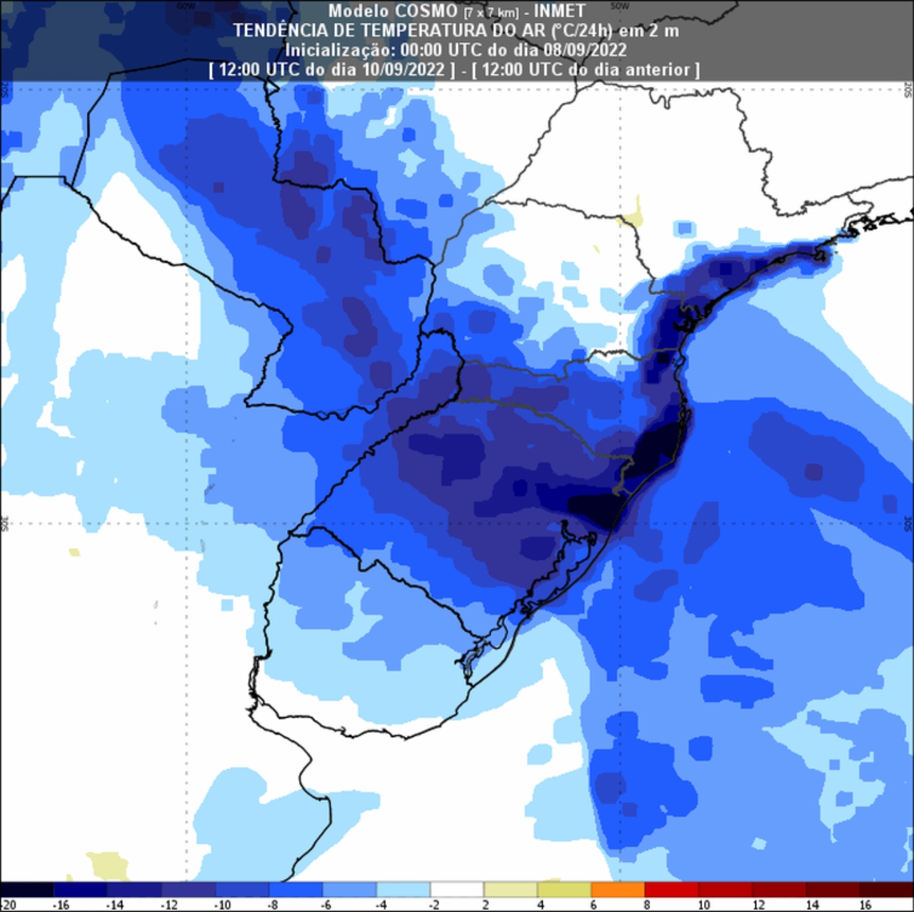 Grandes massas de ar frio e seco devem assolar Região Sul neste final de semana. - Inmet/divulgação