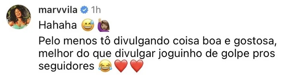 Comentário de Marvvila no perfil do Insatgram "Rainha Matos"