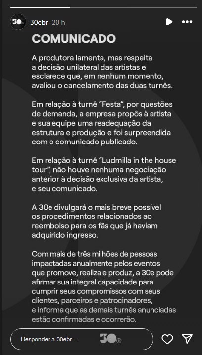 Comunicado da 30e sobre turnês de Ivete e Ludmilla