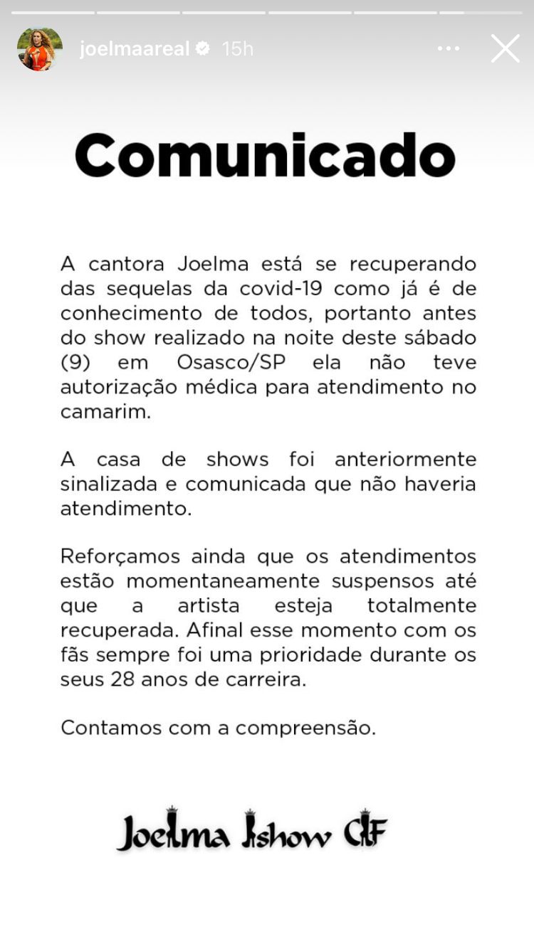 Comunicado da equipe de Joelma sobre receber fãs no camarim