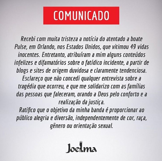 Joelma esclarecimento comunicado