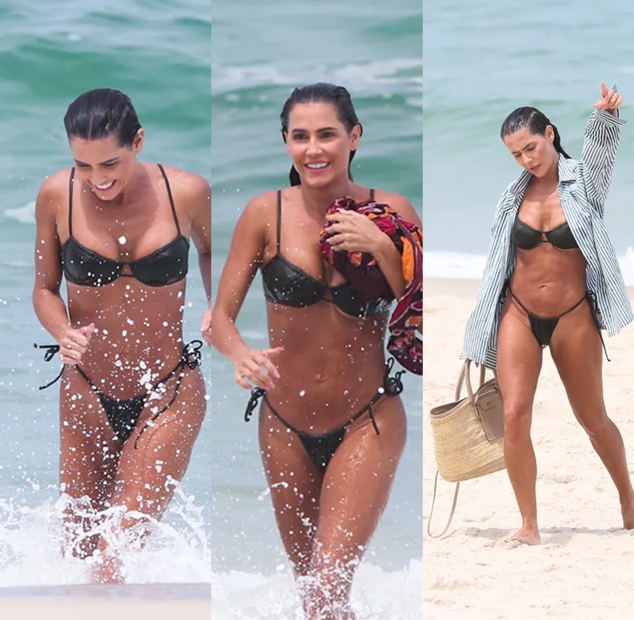 Três fotos da atriz Deborah Secco na praia; nas duas primeiras ela se encontra no mar apenas usando um biquíni; na terceira, ela aponta para a câmera e leva uma camisa listrada e uma bolsa de palha