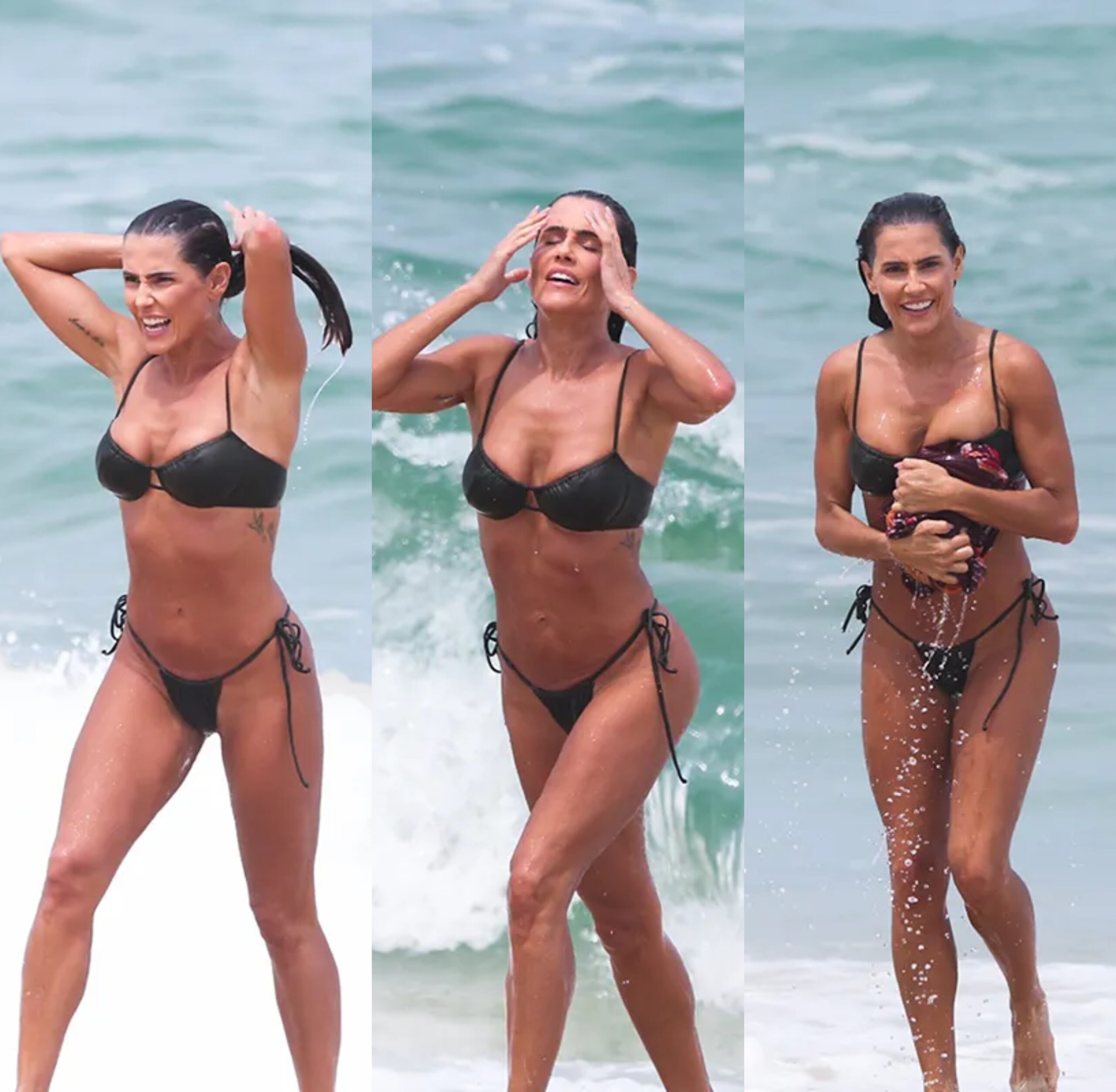 Três fotos da atriz Deborah Secco saindo do mar em uma praia do Rio de Janeiro 