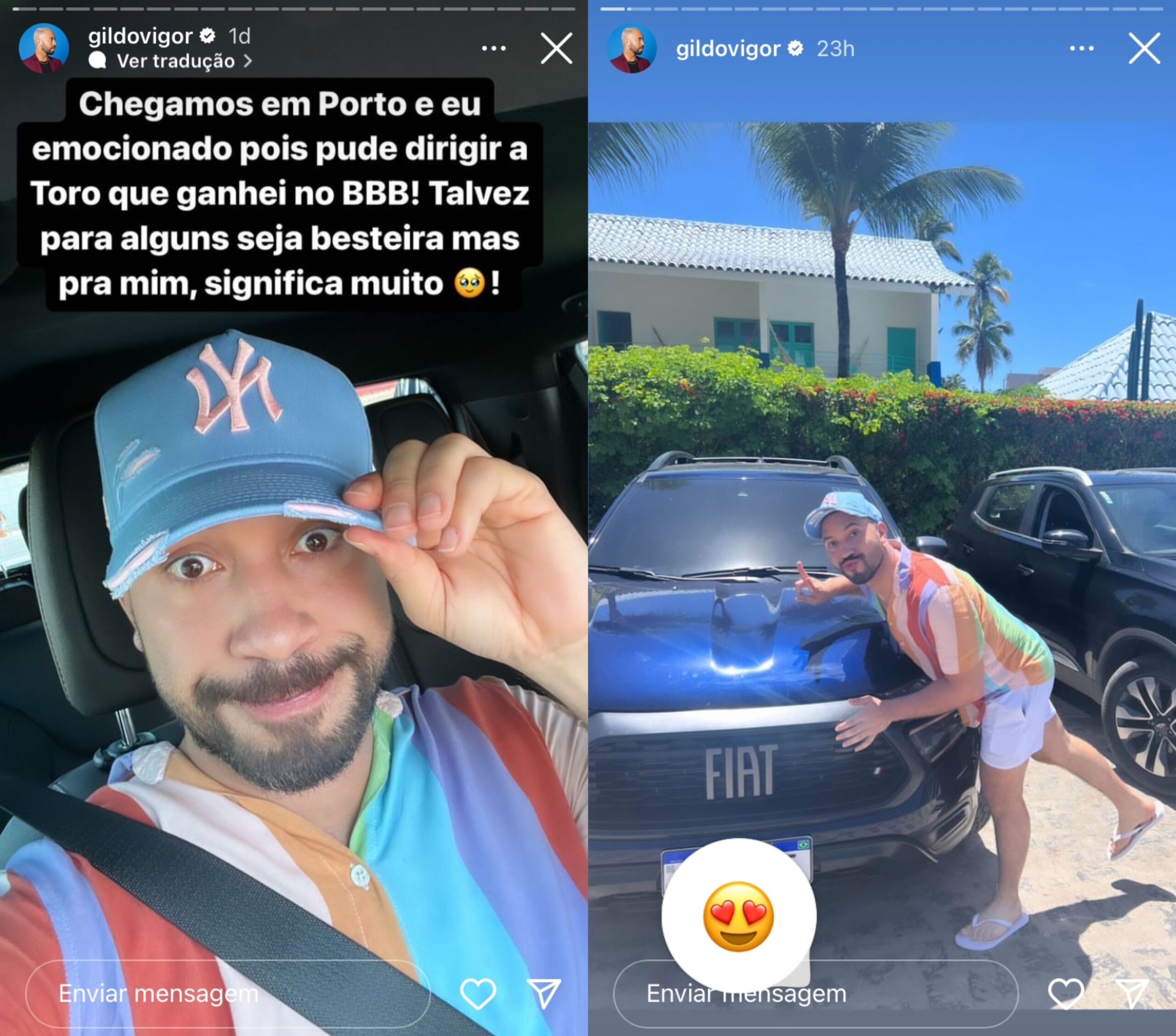 Dois Stories de Gil do Vigor: no primeiro ele aparece fazendo uma careta dentro de um carro e no segundo ele posa ao lado deste mesmo carro