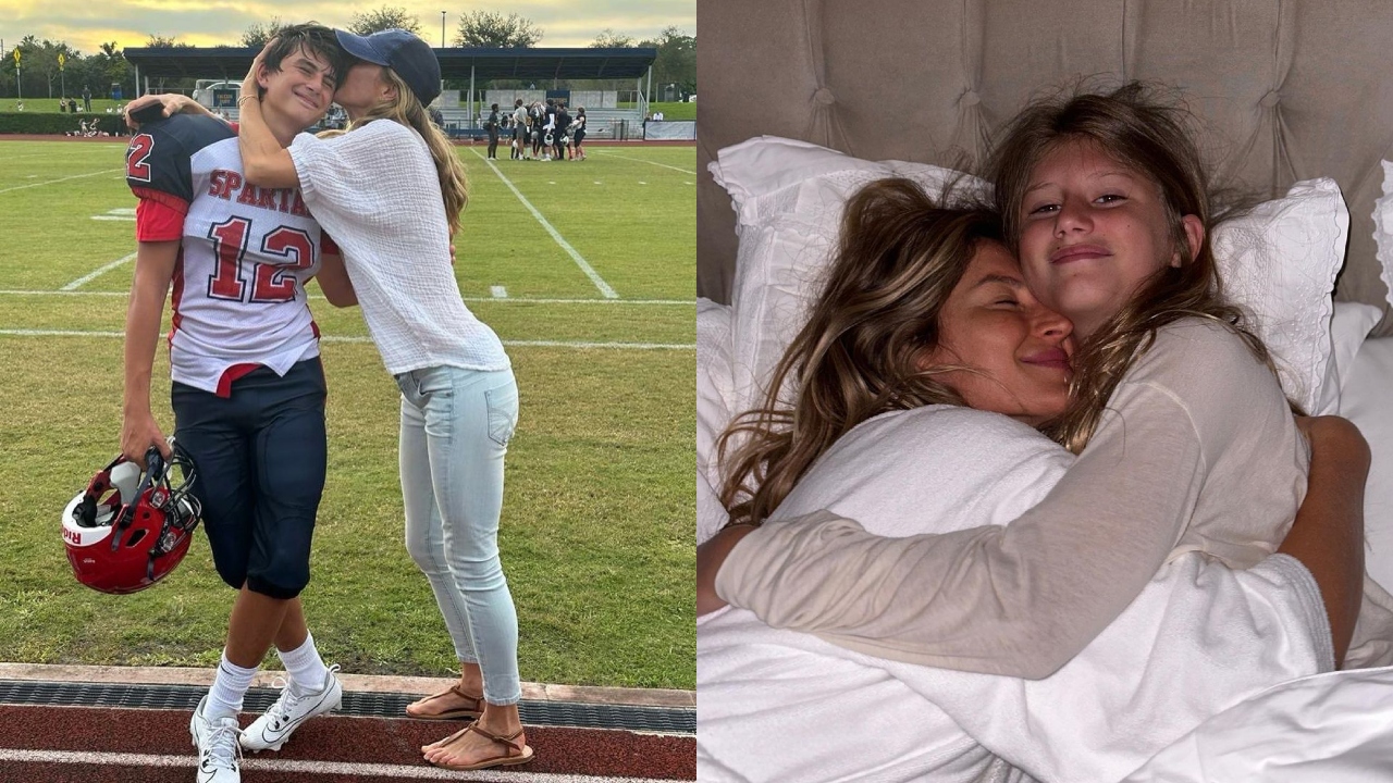 Gisele Bündchen pariu os filhos Benjamin, de 14 anos, e Vivian Lake, de 11 em casa e na água