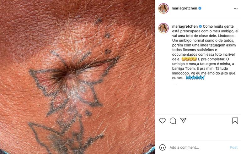 Gretchen rebate comentários sobre seu umbigo com foto bem de perto