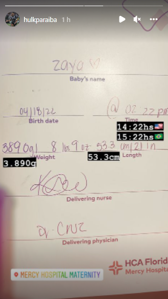 Nasce filha de Hulk Paraíba 
