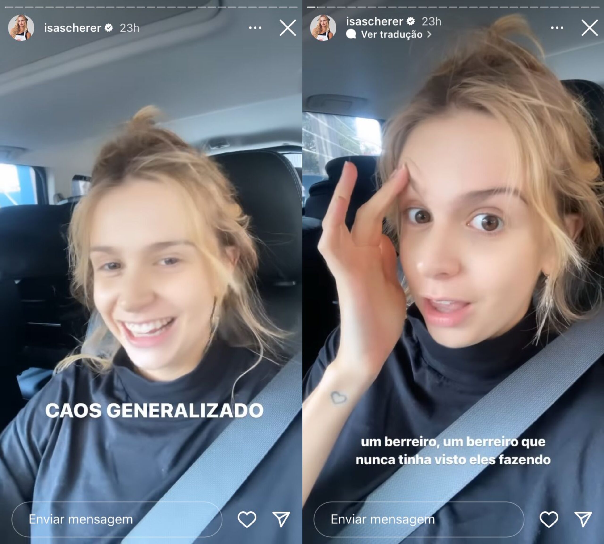 Duas fotos da cozinheira Isabella Scherer vestindo uma blusa preta de gola alta. Ela se encontra dentro de um carro, com o cinto de segurança posto