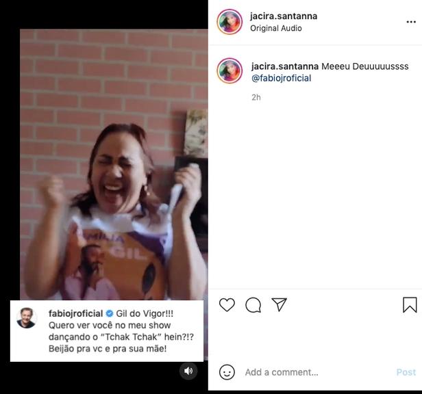 Fábio Jr. manda beijo para mãe de Gil, Jacira Santana, que vai à loucura com o carinho