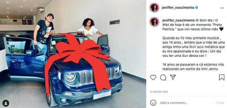 Jeniffer Nascimento divide foto de carro novo e comemora conquista