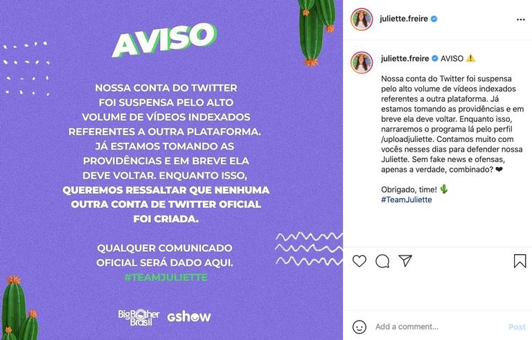 Twitter suspende perfil de Juliette e assessoria da sister explica o motivo