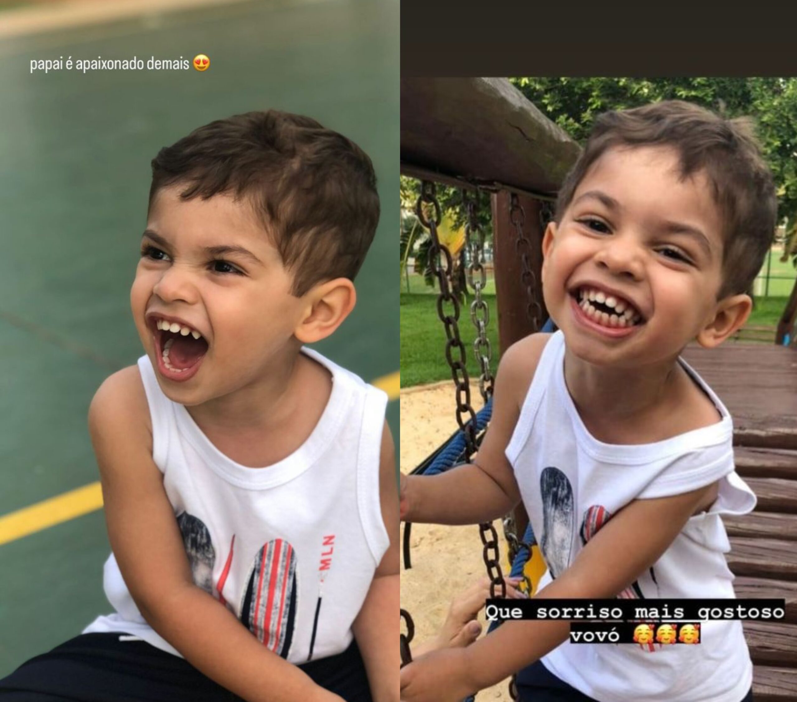 Duas fotos de Léo sorrindo enquanto brinca