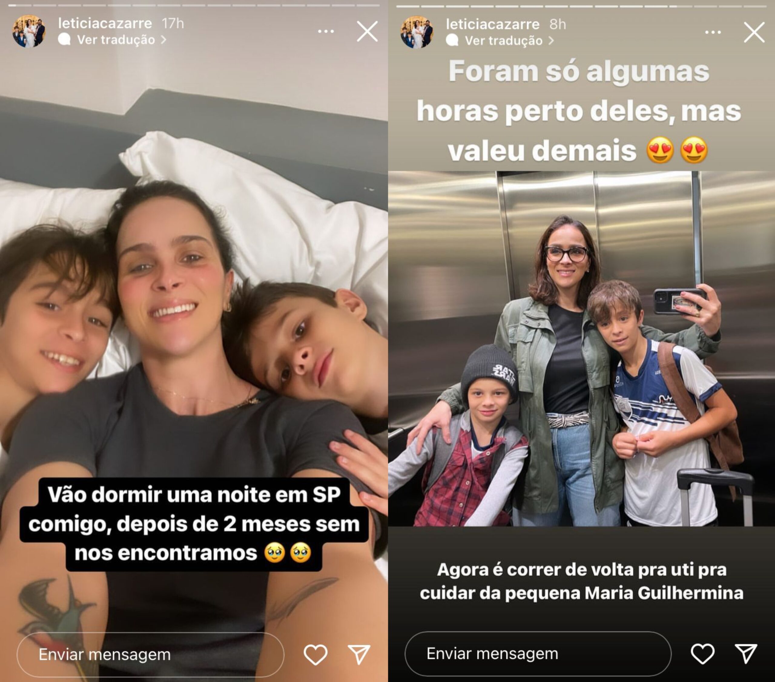 Duas fotos de Letícia Cazarré junto com os filhos, ambos brancos e de cabelos castanhos. Na primeira foto, eles se encontram deitados em uma cama enquanto tiram uma selfie. Na segunda, os tês estão em um elevador. Em ambas as fotos, Letícia se encontra entre os dois filhos