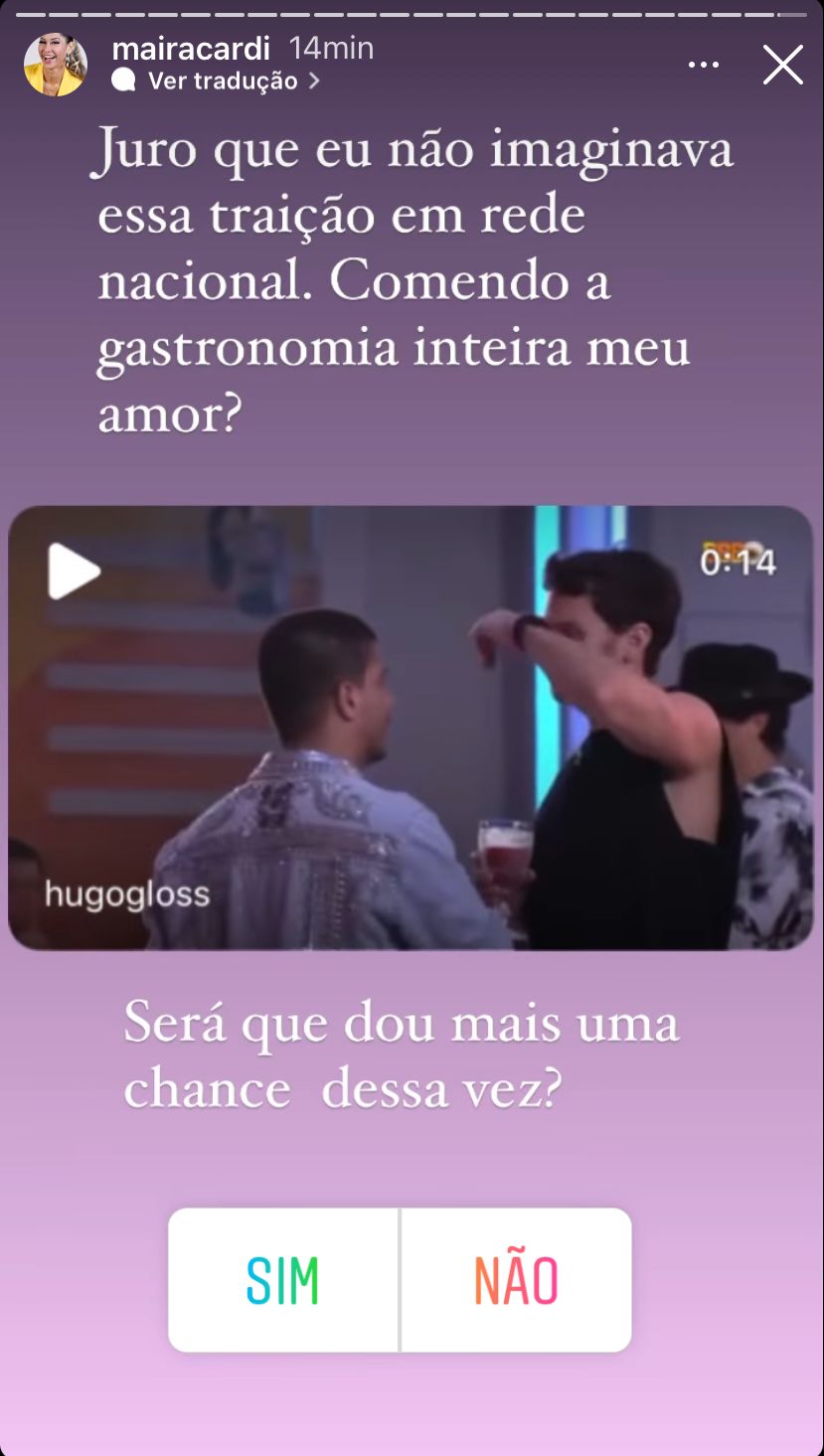 Story de Maíra Cardi sobre alimentação de Arthur Aguiar