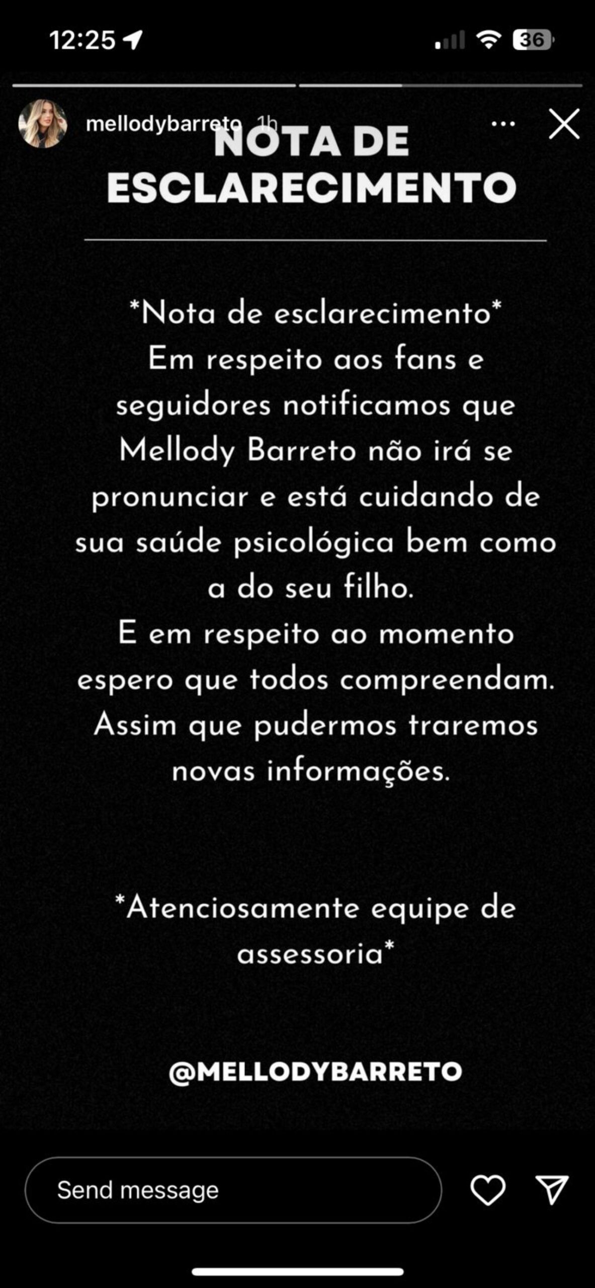 Story de Mellody Barreto após a suposta traição do marido