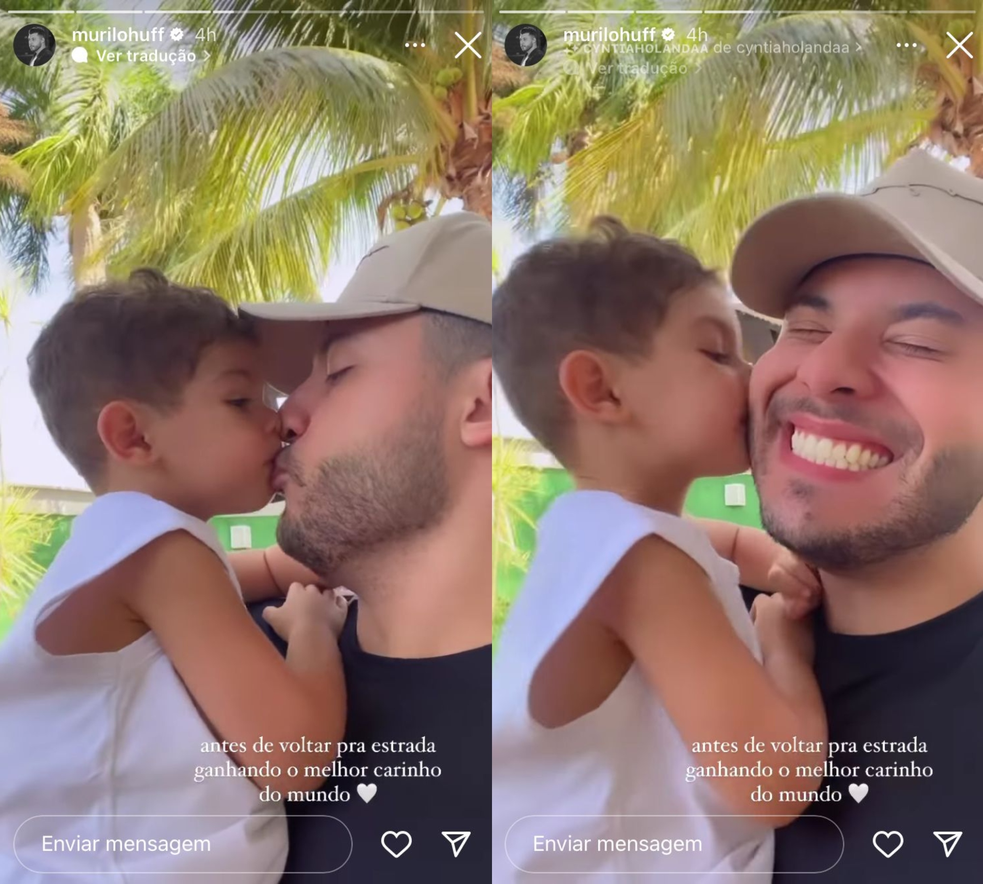 Duas fotos de Murilo Huff segurando o filo Léo; na primeira, os dois dão um selinho; na segunda, Murilo sorri enquanto Léo beija a bochecha do pai