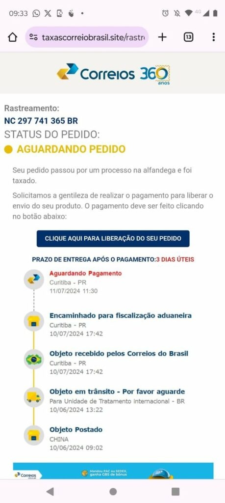 Golpe dos Correios: link direciona para uma página idêntica a dos Correios
