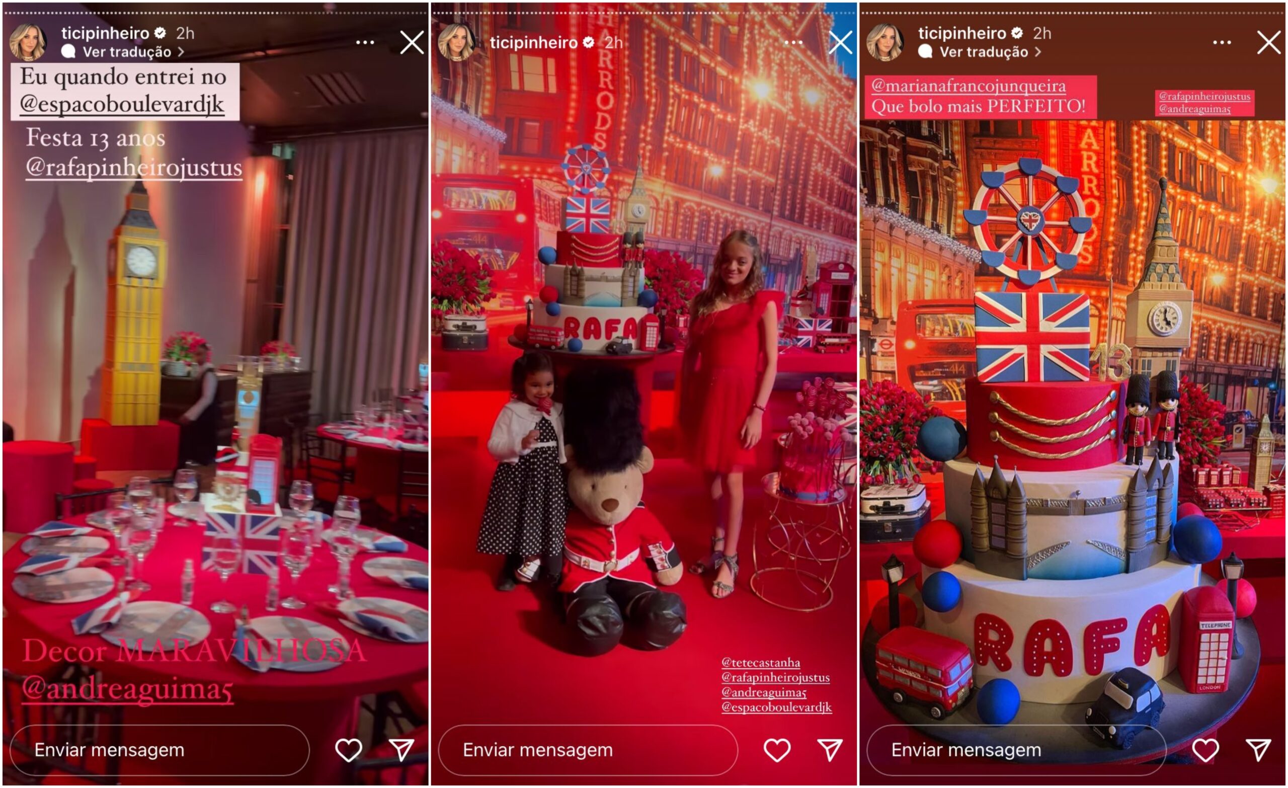 Três imagens de uma festa de aniversário com tema Londres e decoração predominantemente vermelha