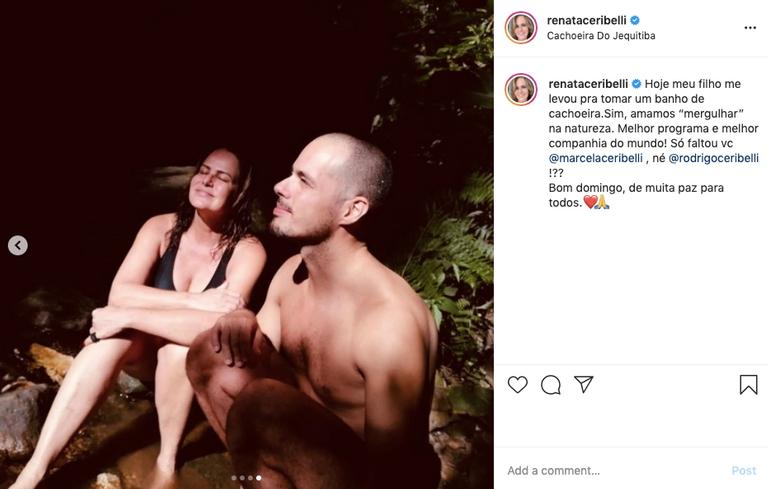 Renata Ceribelli curte tarde em cachoeira com o filho, Rodrigo Ceribelli