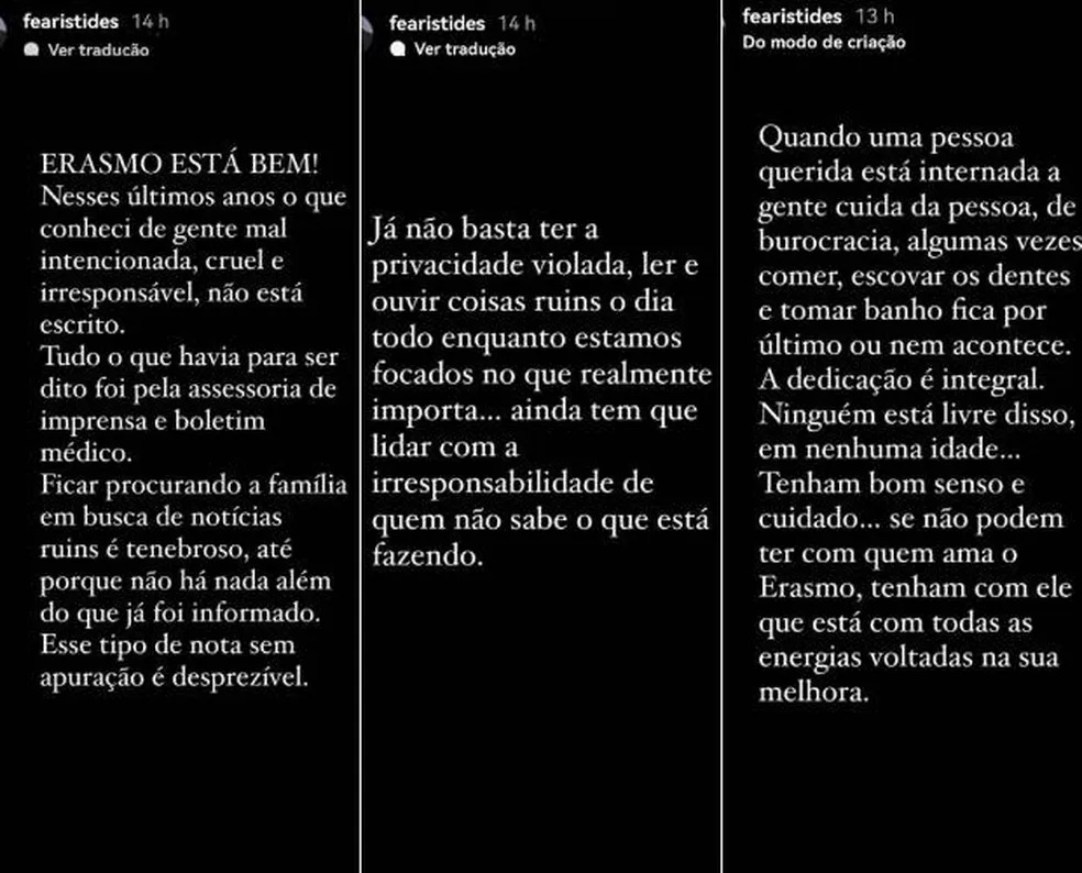 Três Stories com o fundo preto e um texto escrito em letras brancas