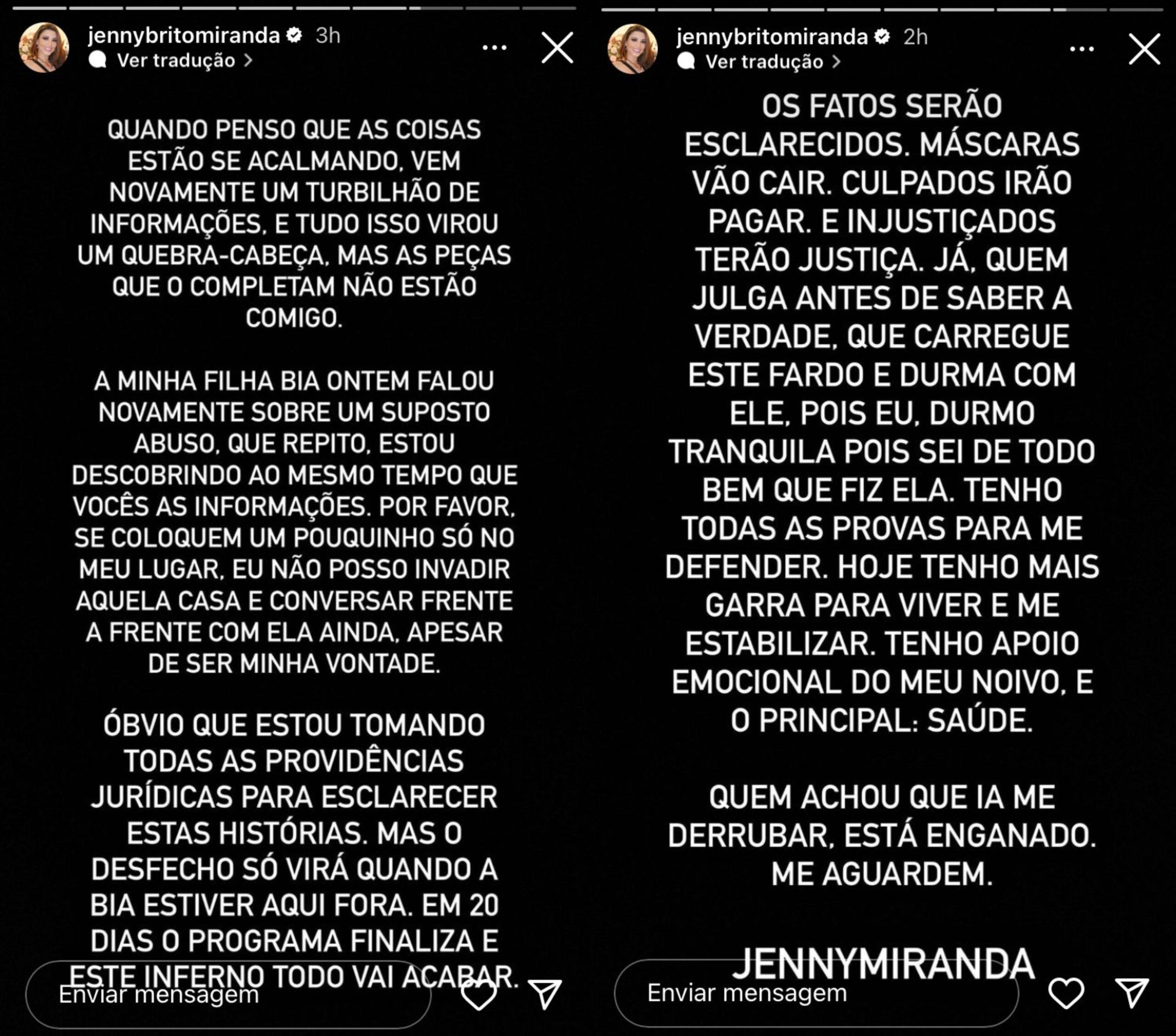 Dois Stories com uma mensagem escrito em branco em um fundo presto